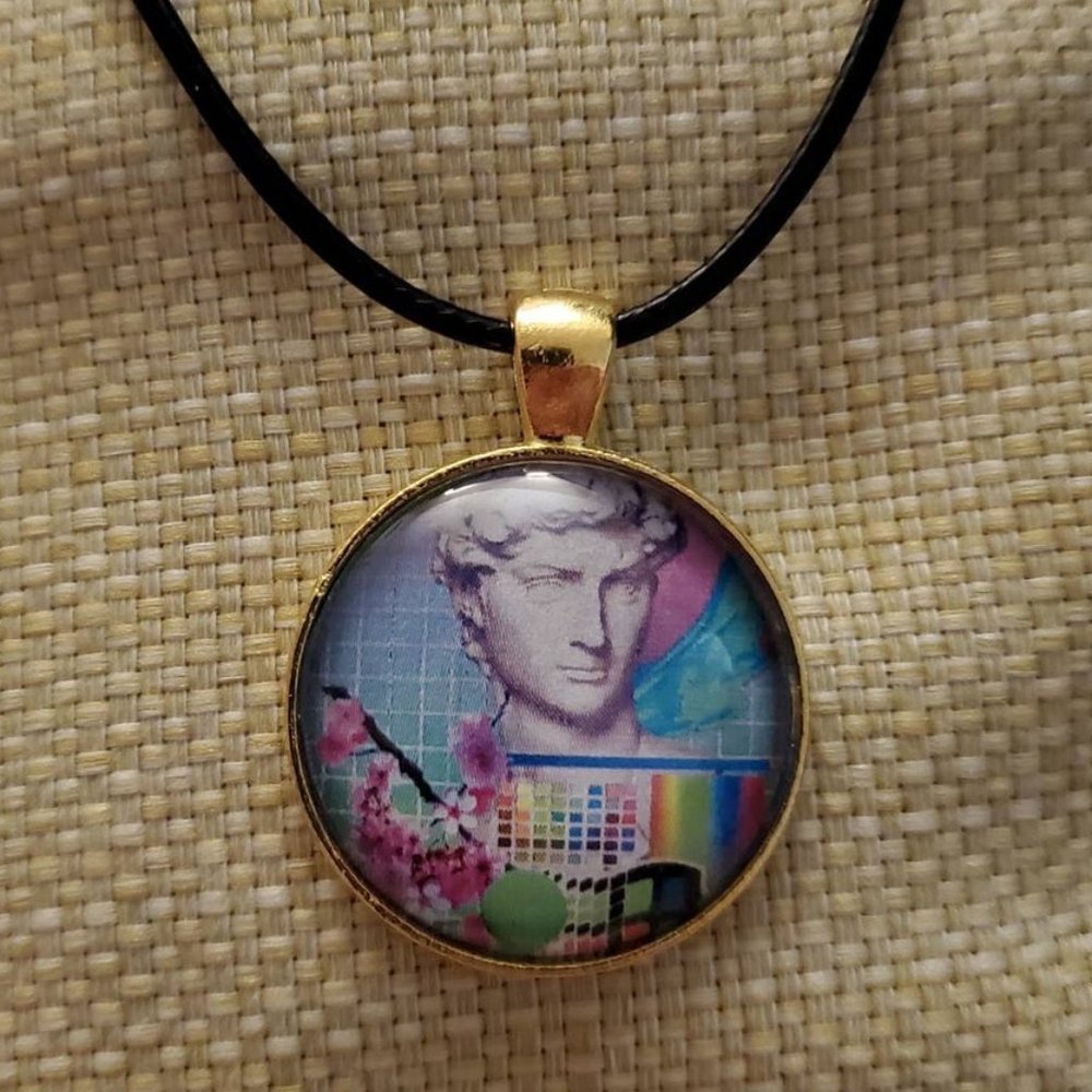 Vaporwave Glass Cabochon Pendant - Handmade